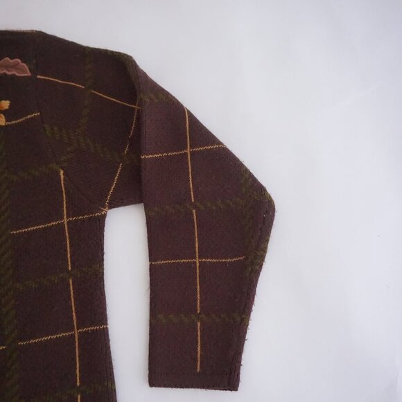 VTG Crystal Kobe Brown Leaf Vine Embroidered Plaid Knit Gold Button Cardigan S - Picture 4 of 9